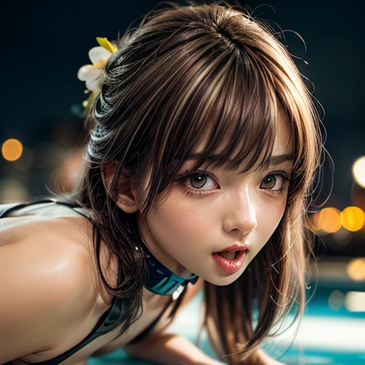 (SFW:1.2), Best_Quality, (masterpiece:1.2) of professional Analog Hi-Res photo, (realistic and photorealistic with touch of rawness:1.37), a close-up portrait of (KAWAII princess wearing thongs), Infinity pool on the roof of Skyscraper, Golden sky at dusk, intricate lighting effects with light particles, ((many colorful lights (dazzling bokeh))) . BREAK { Mystic sight | (many Luminous Particles:1.4) | sparkling splash | flying droplets | Rain drops | Luminous water surface | enjoying summer festival | Big City and Brilliant Skyscrapers }, { Childish | Gigantic Cleavage | Half Laying down | number on arm } . BREAK (((NOGIZAKA)))  Extremely Detailed very KAWAII face variation, captivating gaze, elaborate detailed Eyes with (sparkling highlights:1.2), long eyelashes、Glossy RED Lips with beautiful details, Coquettish tongue, Rosy cheeks, Wet Glistening ivory skin . (Dynamic joyful expressions), { pleasure in agony | Ecstasy | :D | screaming | Perplexed } . hair and eye color is same color, { Full of flowers | Chained Red leather high collar | Red ribbon | Tiny Coronet | Pearl piece | half updo | short bob }, from diagonally angle, Volumetric lighting .