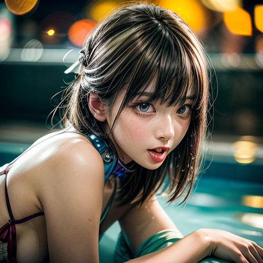 (SFW:1.2), Best_Quality, (masterpiece:1.2) of professional Analog Hi-Res photo, (realistic and photorealistic with touch of rawness:1.37), a close-up portrait of (KAWAII princess wearing thongs), Infinity pool on the roof of Skyscraper, Golden sky at dusk, intricate lighting effects with light particles, ((many colorful lights (dazzling bokeh))) . BREAK { Mystic sight | (many Luminous Particles:1.4) | sparkling splash | flying droplets | Rain drops | Luminous water surface | enjoying summer festival | Big City and Brilliant Skyscrapers }, { Childish | Gigantic Cleavage | Half Laying down | number on arm } . BREAK (((NOGIZAKA))) Extremely Detailed very KAWAII face variation, captivating gaze, elaborate detailed Eyes with (sparkling highlights:1.2), long eyelashes、Glossy RED Lips with beautiful details, Coquettish tongue, Rosy cheeks, Wet Glistening ivory skin . (Dynamic joyful expressions), { pleasure in agony | Ecstasy | :D | screaming | Perplexed } . hair and eye color is same color, { Full of flowers | Chained Red leather high collar | Red ribbon | Tiny Coronet | Pearl piece | half updo | short bob }, from diagonally angle, Volumetric lighting .