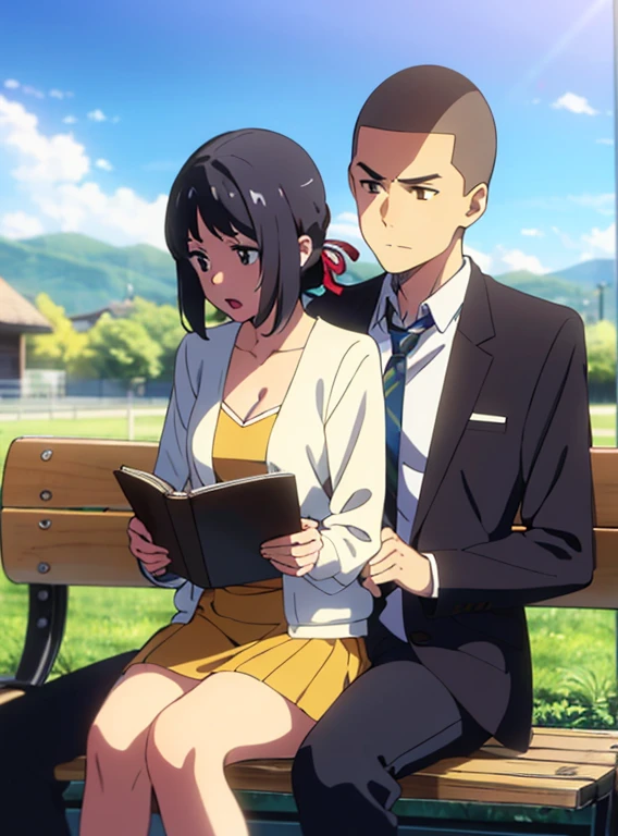 shinkai makoto, kimi no na wa., {1boy, buzzcut,} boy buzzcut passionate hug, buzzcut boy is hugging from behind, 1girl, black hair, brown eyes, open mouth, short hair, har band, hair ribbon, yellow cardigan, cleavage, white dress skirt, perfect anatomy, cowboyshot, sit on bench chair, reading a book, outdoors, school university, sky, school building