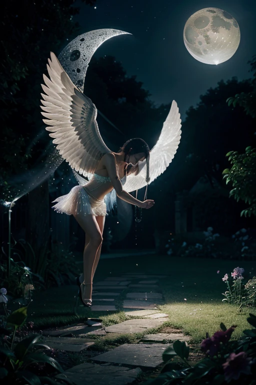 Beautiful garden, angel bird, portal to another dimension, cosmic, moon, high resolution, 32k, masterpiece