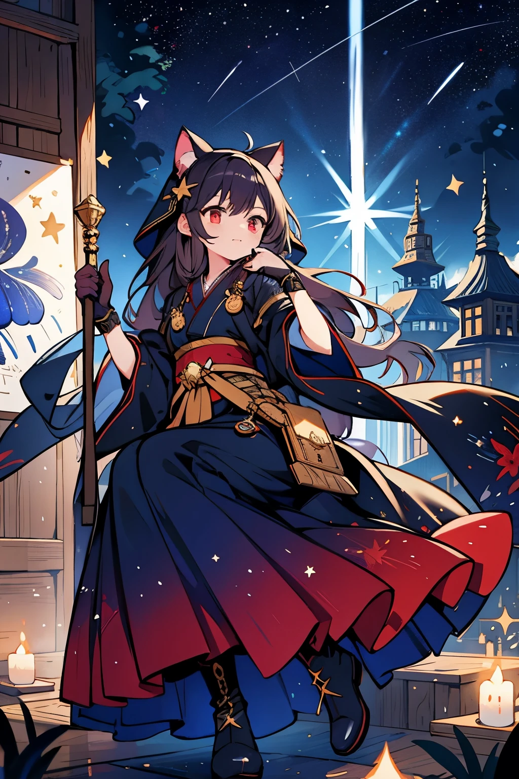 ((Super detailed)),((illustration)),((master paintings)),(((distressed))),((Beautiful and delicate eyes)),(Extremely detailed CG Unity 8K wallpapers,best quality,master paintings),((4K,master paintings,best quality)),A woman who feels like a sister but a little mature,dark purple long hair,Long hair to waist,loose hair,shawl,red eyes,(the only person),Cat ear, The night sky is full of stars,The left hand is slightly raised,There is a ring on the ring finger of the left hand,Dark Blue Oversized Swing Princess Long Japanese Dress,Wearing a large navy blue trench coat,There are stars hidden under the skirt,cloak,Dark blue butterflies dance around you,theater background,Star Curtain,Wearing a dark blue veil with stars,sling,on his right hand, He wears gradient blue star gloves,Smaller eyes,(pretty face:1.2),(thinning hair:1.2),((Gorgeous starry sky background)),sit with the stars,The stars are soaring beneath your feet,Stepping on a black hole,dark blue boots