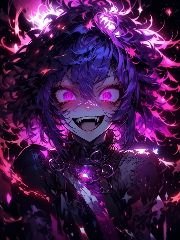 Anime girl with glowing purple eyes and long red hair with a hand on her face, with reptile eyes, with bright red eyes, with bright purple eyes, crazy smile, angry smile, excited face, rosy face and bright eyes, bright purple eyes, bright purple eyes, with bright purple eyes, bright purple eyes, bright eyes everywhere, bright purple eyes, anime vibrations, all purple eyes, with bright purple eyes, with demonic horns, demon anime girl, purple eyes
