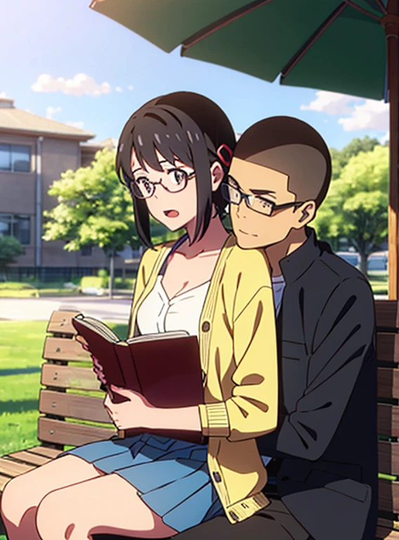 shinkai makoto, kimi no na wa., {1boy, buzzcut,} boy buzzcut passionate hug, buzzcut boy is hugging from behind, 1girl, black hair, brown eyes, eyeglasses, open mouth, short hair, har band, hair ribbon, yellow cardigan, cleavage, white dress skirt, perfect anatomy, cowboyshot, sit on bench chair, reading a book, outdoors, school university, sky, school building