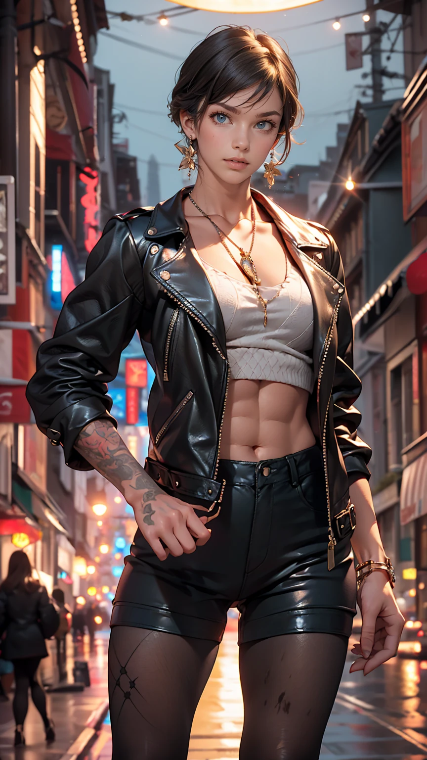 Beautiful 25 year old woman, Black Hair, Bobcut, blue eyes, unsightly muscular body, Small breasts, Messy Hair, Neck Tattoo, leather jacket, With San Francisco in the background, transformation, Evil Aura, night, Earrings, Fishnet tights, detailed, masterpiece, High resolution, (Perfect hands).