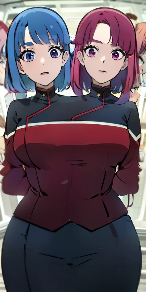 (masterpiece),best quality:1.5, ultra-detailed, high resolution, high quality, 16K, ((2heads:1.5)), ((red hair)), ((blue hair)), (different hair colors), long hair, outfit