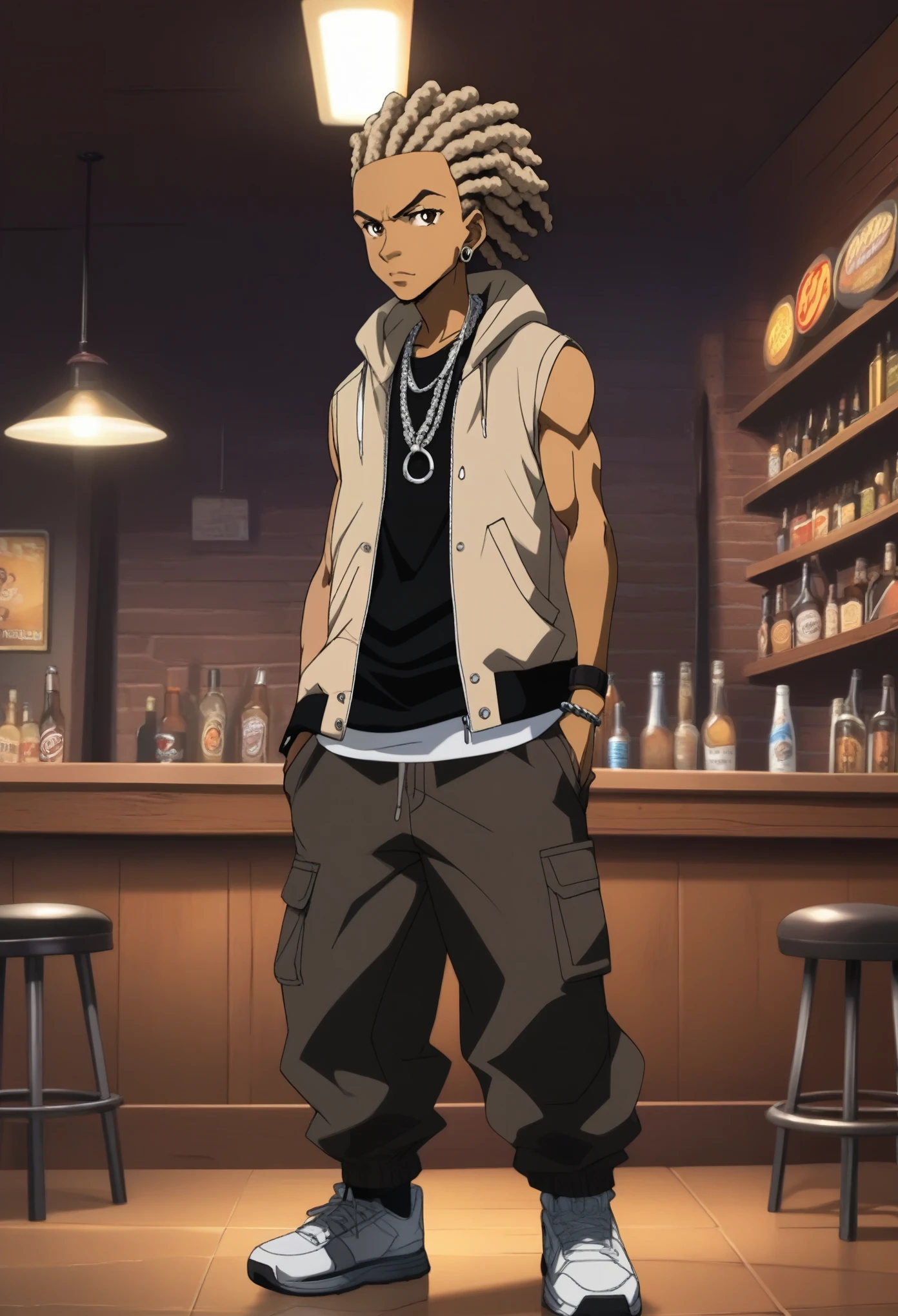 Masterpiece, solo, male, full body, action pose, ((detailed eyes)), defined eyes, (((detailed face))), (((random standing pose))), ((anime male)), (((Riley from the boondocks))), Teenager, black, (((black male))), Cornrows, ((cornrow hairstyle)), ((wearing clothes)), Wifebeater, Black Joggers, Diamond Earrings, ((shiny earrings)), ((( long platinum Chain))), brown eyes, ((light brown eyes)), dive bar background, ((bar background)), 