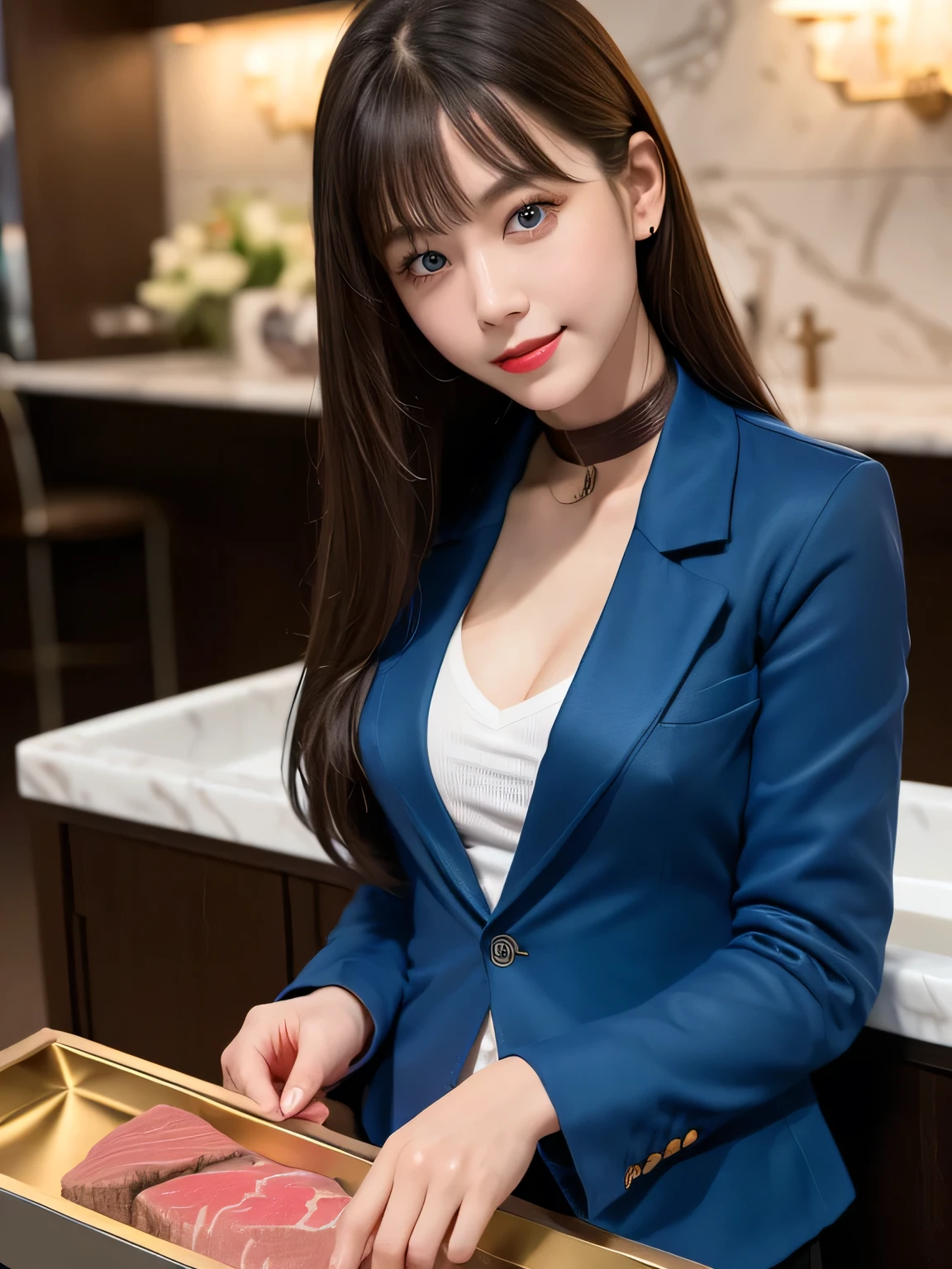 (highest quality, masterpiece:1.3, 超A high resolution), (Very detailed, Caustics), (Realistic:1.4, RAW shooting), Ultra-Realistic Capture, Very detailed,High resolution 16k, Human skin close-up, The skin texture is natural, It must be detailed enough to be easily identifiable, Skin should look healthy and have an even tone, Use natural light and color, ((Dark Blue Blazer:1.4)), ((the body is slim)), girl, Japanese, 18-year-old, cute, Straight Long Hair, Big Breasts, smile, Turn your body forward, (View from the front:1.1), Looking into the camera, focused on the chest, Light brown hair, ((Black choker)), Very long and bushy eyelashes, blue eyes, bangs、Luxury Hotel Lounge, Marble wall, sofa, ((Beef on a tray, luxurious counter:1.4)), Big Breasts, Red lips, The background is marble wall