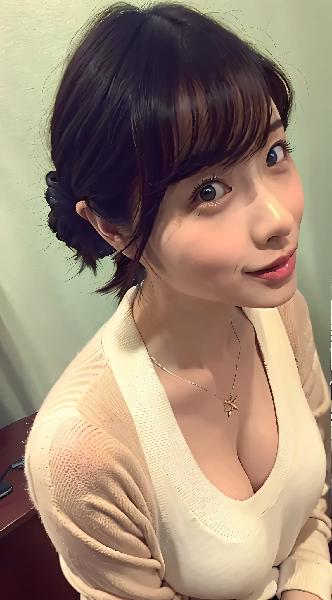 (top-quality、8K、32K、​masterpiece、nffsw:1.2)、Photo of a cute Japanese woman、Colossal ????:1.4、very short bobbed hair、The upper part of the body、sface focus、Oversized_Sweaters、a necklace、simple background、From  above、looking at the viewers、cleavage of the ??????:1.5、Balanced body
