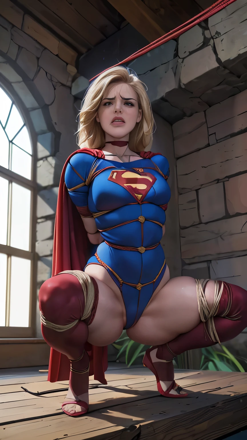 (((Alta qualidade,obra de arte,detalhado))), (((ELA TEM CABELOS LOIROS))), ((SUPERGIRL is in the castle dungeon,dressed as a porn actress, pin-up,bombshell, emotional expression,expression of pain e desespero, gritando de dor, expression of suffering, olhos arregalados)) , ((SUPERHEROINE SUPERGIRL is squatting, tip of toes, pernas abertas)), (Supergirl usando uma grande calcinha vermelha). ((SUPERGIRL tem cabelo muito loiro, ela tem cabelo longo)), ((SUPERGIRL wearing maid outfits)), ( She is wearing high heels stilettos), ((SUPERGIRL wearing a thick metal necklace around her neck )), (Your clothes are immoral, your clothes are indecent, your clothes are tight), ((Shibari, arms behind the back:1.4)), ((Hands behind your back)), ((string restriction)), ((Inevitable restriction with ropes)), (obra-prima, melhor qualidade) 1.5, 1 garota, sozinho, (sensual, mulher bonita, rosto perfeito, olhos perfeitos) corpo inteiro, ((High definition face)), ((SUPERGIRL com olhos arregalados, boca aberta, expression of fear, expression of pain, expression of despair, chorando muito, gritando de dor), (((full body view)))