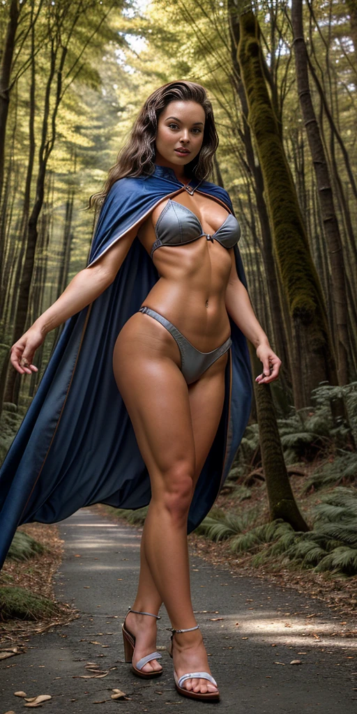 masterpiece, best quality, CG, wallpaper, HDR, high quality, high-definition, extremely detailed, full body toe to head female drow, colored skin, dark elf, blue skin, grey skin, pointy ears, cape, armor, looking at viewer, 1girl, forest, dark forest, mythical forest, dimmed light, brown eyes, long hair, chibi