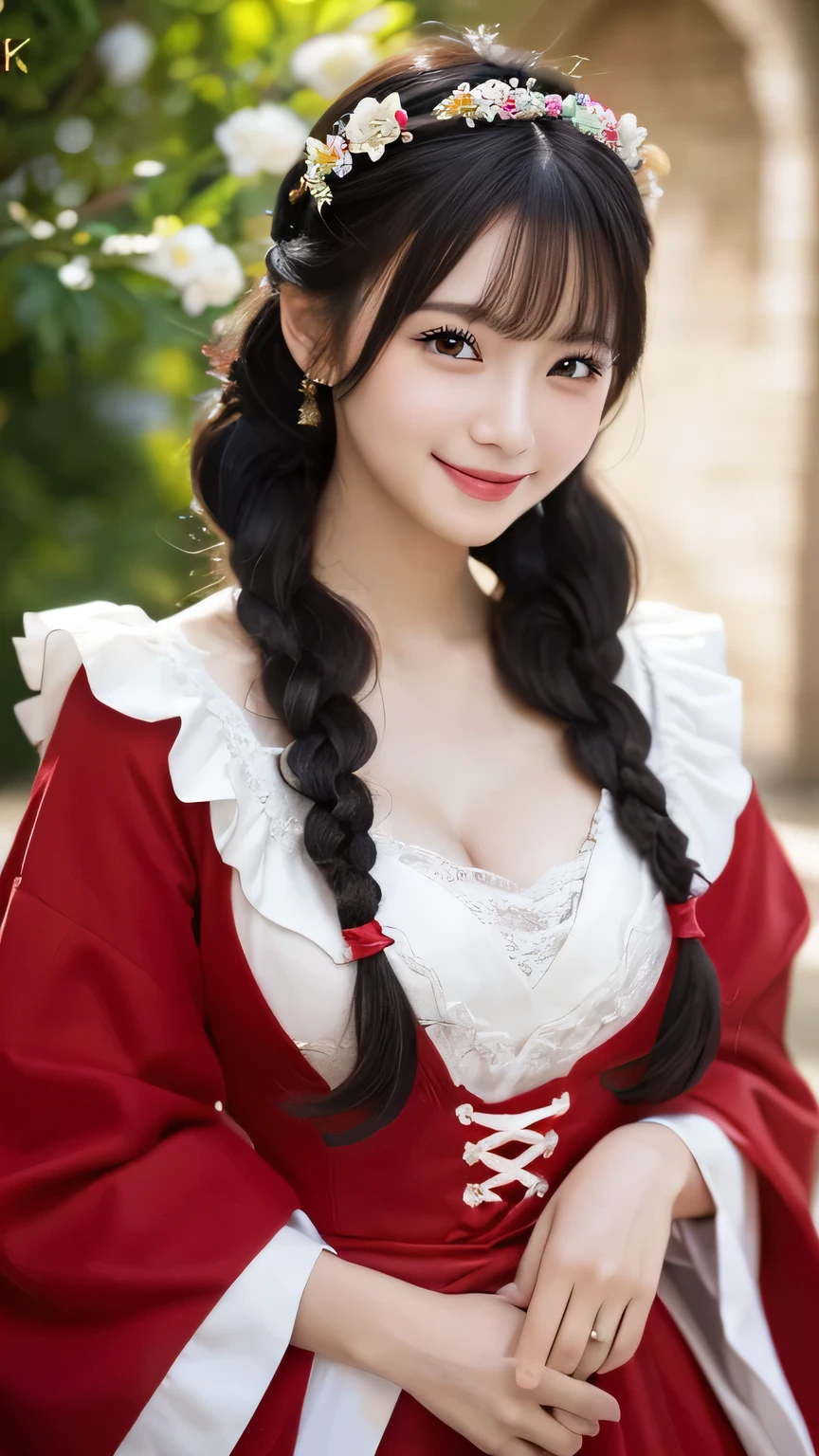 (masterpiece:1.3), (8k, Photorealistic, Raw photo, Best image quality: 1.4), Japanese 、Take a full-body photo,Little Red Riding Hood,Gorgeous Dress,Castle,Headband,Dance,Natural color lip,(Random Hairstyles:1.2)、Cleavage:1.2、Super detailed face、Attention to detail、double eyelid、Put your chest together、Sharp focus:1.2、Beautiful woman:1.4、Black Hair、highest quality、masterpiece、超A high resolution、(Photorealistic:1.4)、Highly detailed and professionally lit smile、