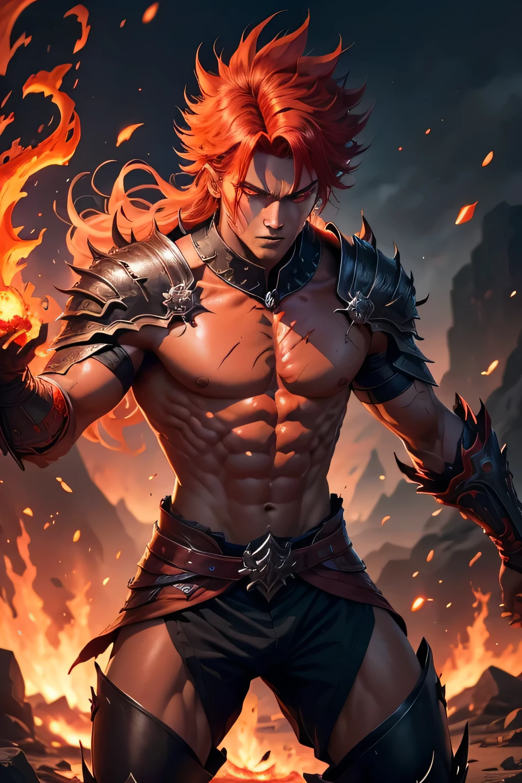 Amidst the crackling flames of a raging battlefield, a fiery Genasi warrior, with ::red skin the color of smoldering coals and hair ablaze like flickering flames, strides forward with determination, wielding blades of tempered steel. His eyes, aglow with the intensity of a blazing inferno, pierce through the chaos as he faces his greatest challenge yet. Describe the scene as this formidable Fire Genasi warrior, with his crimson complexion and fiery gaze, battles foes with unrivaled skill, harnessing the elemental fury within to emerge victorious amidst the searing heat of combat, he have a ::red skin