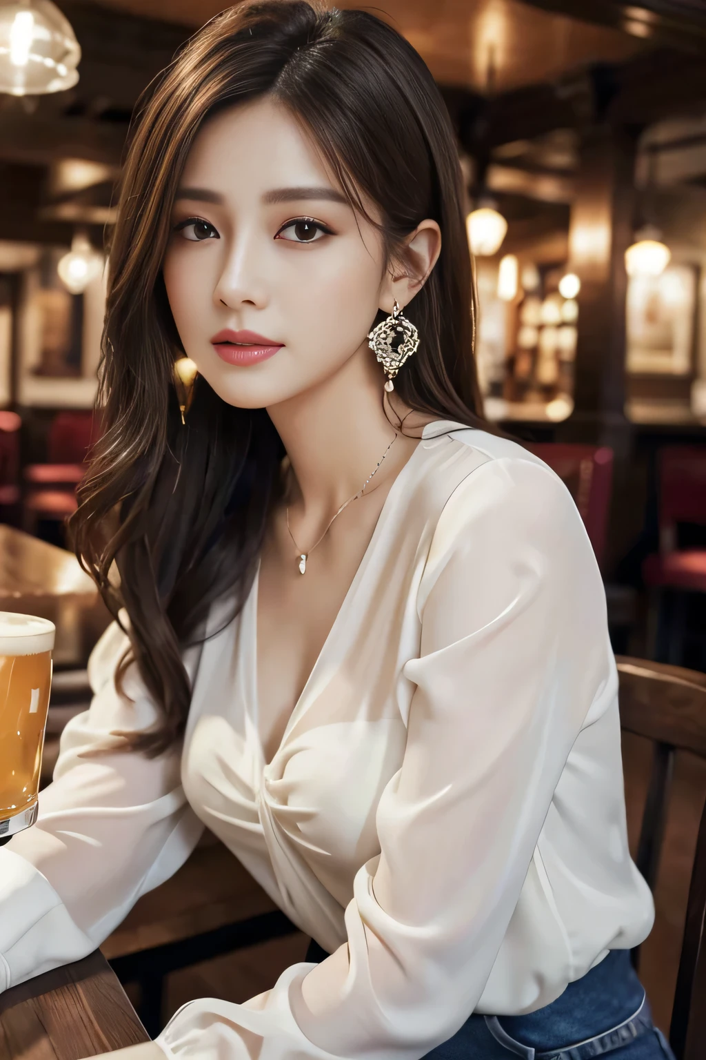 masterpiece, highest quality, Realistic, Very detailed, Finer details, High resolution, 8k wallpaper, One beautiful woman, Wear an elegant white see-through blouse, In a great pub restaurant, At night, Light brown messy hair, Perfect dynamic composition, Beautiful and beautiful eyes、Big earrings、Sitting in a chair、