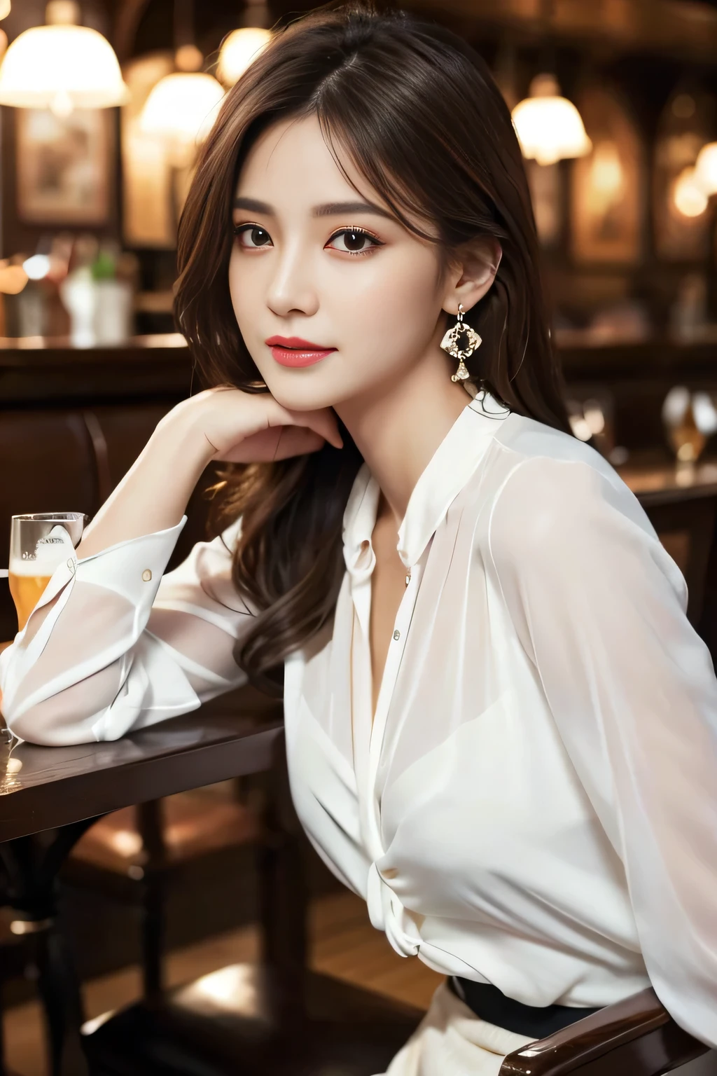 masterpiece, highest quality, Realistic, Very detailed, Finer details, High resolution, 8k wallpaper, One beautiful woman, Wear an elegant white see-through blouse, In a great pub restaurant, At night, Light brown messy hair, Perfect dynamic composition, Beautiful and beautiful eyes、Big earrings、Sitting in a chair、