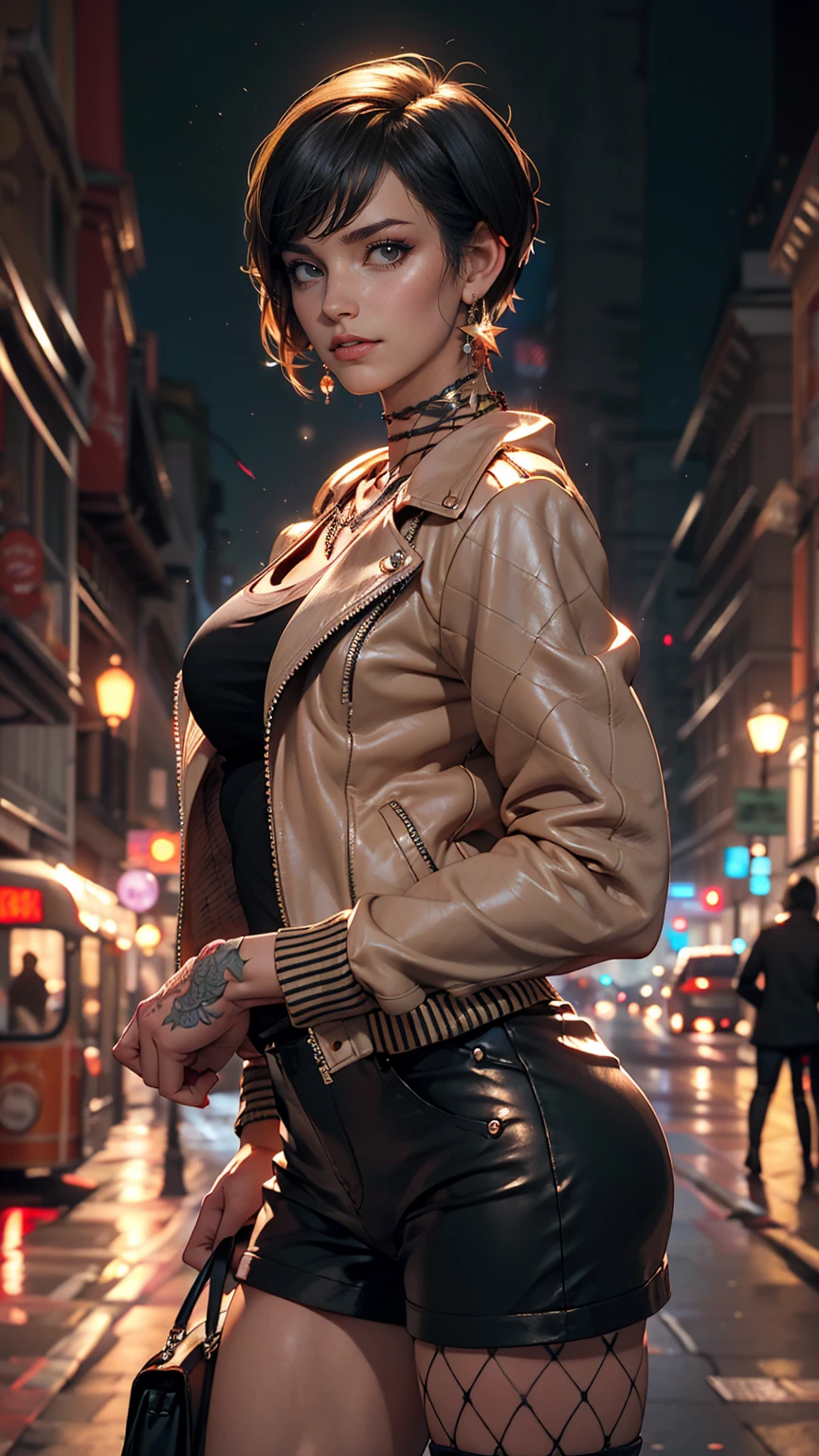 Beautiful 25 year old woman, Black Hair, Bobcut, blue eyes, unsightly muscular body, Small breasts, Messy Hair, Neck Tattoo, leather jacket, With San Francisco in the background, transformation, Evil Aura, night, Earrings, Fishnet tights, detailed, masterpiece, High resolution, (Perfect hands).