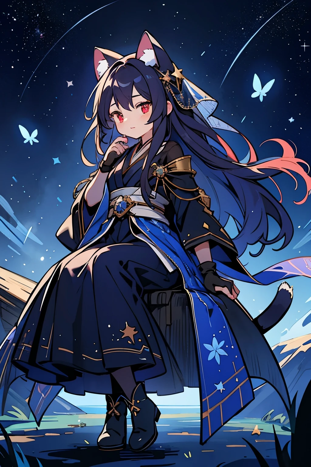 ((Super detailed)),((illustration)),((master paintings)),(((distressed))),((Beautiful and delicate eyes)),(Extremely detailed CG Unity 8K wallpapers,best quality,master paintings),((4K,master paintings,best quality)),A woman who feels like a sister but a little mature,dark purple long hair,Long hair to waist,loose hair,shawl,red eyes,(the only person),Cat ear, The night sky is full of stars,The left hand is slightly raised,There is a ring on the ring finger of the left hand,Dark Blue Oversized Swing Princess Long Japanese Dress,Wearing a large navy blue trench coat,There are stars hidden under the skirt,cloak,Dark blue butterflies dance around you,theater background,Star Curtain,Wearing a dark blue veil with stars,sling,on his right hand, He wears gradient blue star gloves,Smaller eyes,(pretty face:1.2),(thinning hair:1.2),((Gorgeous starry sky background)),sit with the stars,The stars are soaring beneath your feet,Stepping on a black hole,dark blue boots