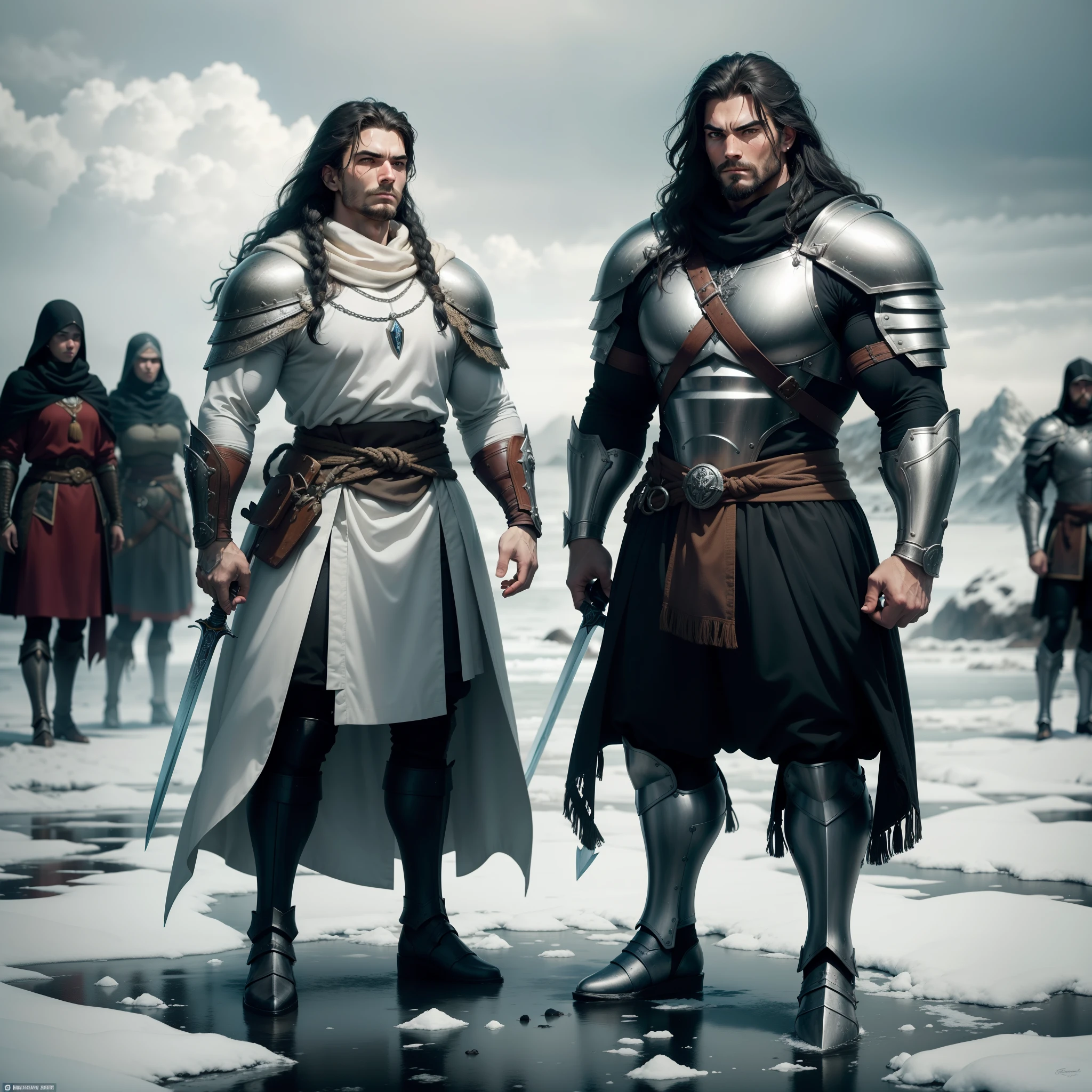 Robust Warrior
A muscular man adorned in medieval armor, with a combat-hardened face, stands tall and dominates the scene. His long, wavy hair flows behind him as he wields a gleaming sword, readying for battle against a horde of relentless foes.
Penguins
A group of black-and-white penguins huddle together on a frigid, icy shore, their webbed feet firmly planted on the frozen ground. Watching them, a young gazes with wonder, bundled up against the cold, excited to witness these fascinating creatures in their natural habitat.
Ghostly Couple
In the dim
