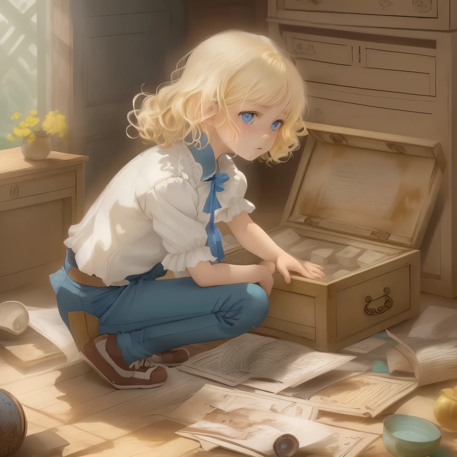 A photo of Zdenka Hoa, ten year old girl, white, with blonde hair, short hair, hair with beautiful curls, beautiful blue eyes, white blouse, brown pants, brown sneakers, full body, seen from the side, crouched, looking for something in a antique chest, looking inside open chest, children's book illustration style. anime art – seed 594750782