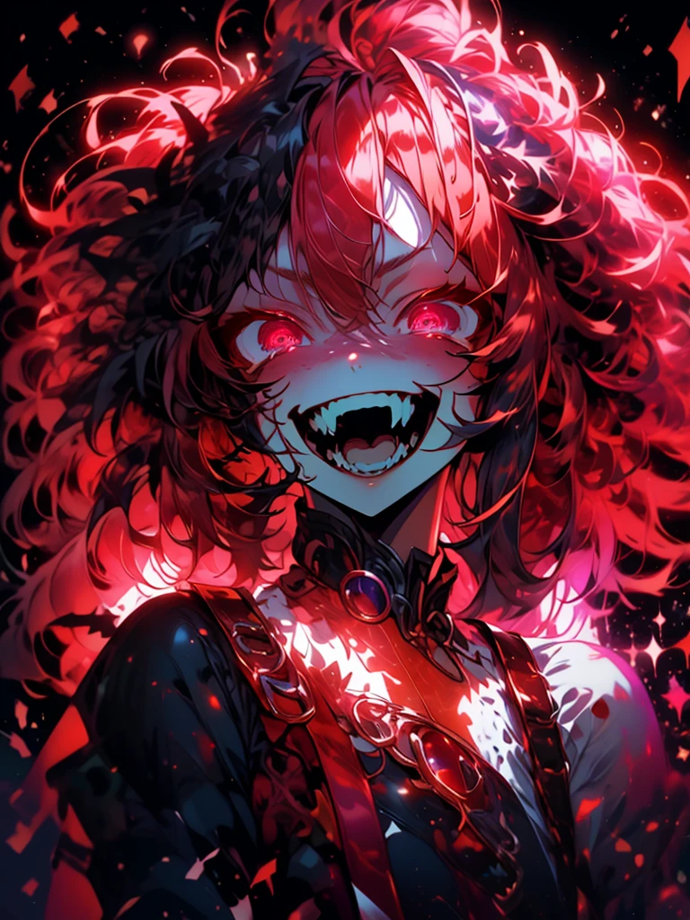 Anime girl with glowing purple eyes and long red hair with a hand on her face, with reptile eyes, with bright red eyes, with bright red eyes, crazy smile, angry smile, excited face, rosy face and bright eyes, bright red eyes, bright red eyes, with bright red eyes, bright red eyes, bright eyes everywhere, bright red eyes, anime vibrations, all red eyes, with bright blood-red eyes, with demonic horns, demon anime girl, red eyes 