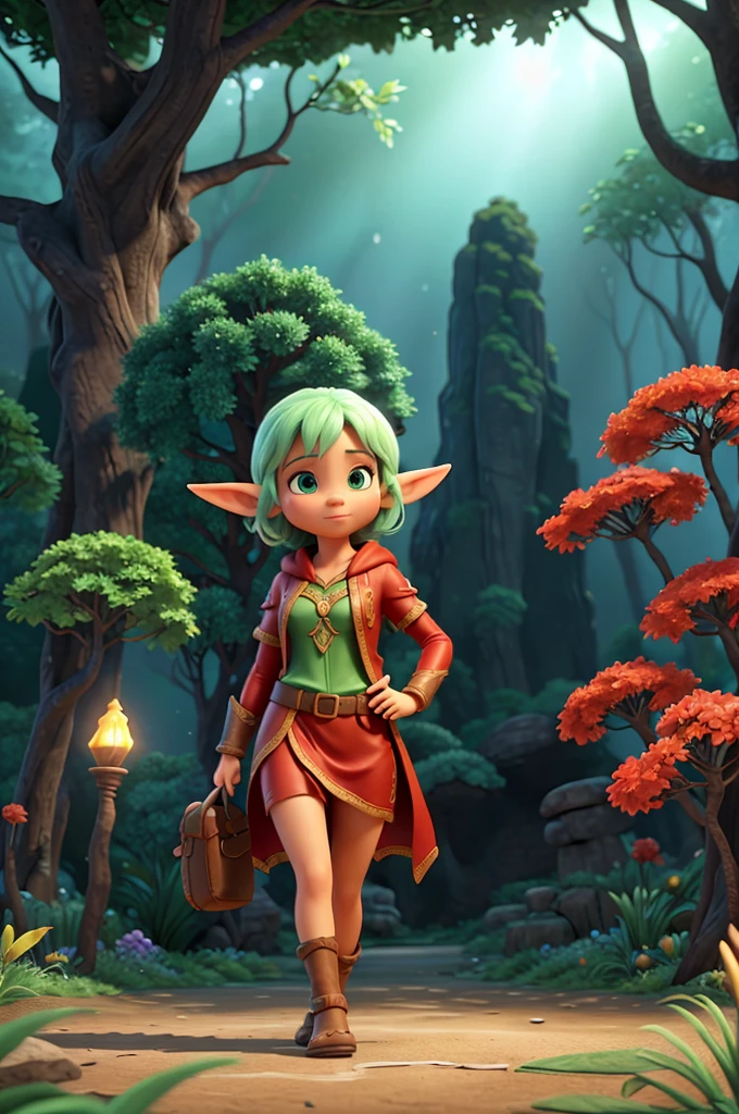Uma garota, An experienced Elf Ranger embarks on a long journey of endurance, An elf wearing a leather tunic and a bright red silk hooded cloak，Segurando um cajado, Floresta Negra, Uma paisagem florestal ao fundo，beautiful trees, Fluxo e vaga-lumes, widescreen, Film lighting, Dramatic scene, high quality 3D rendering, fantasia, Estilo de design de personagens 3D da Pixar