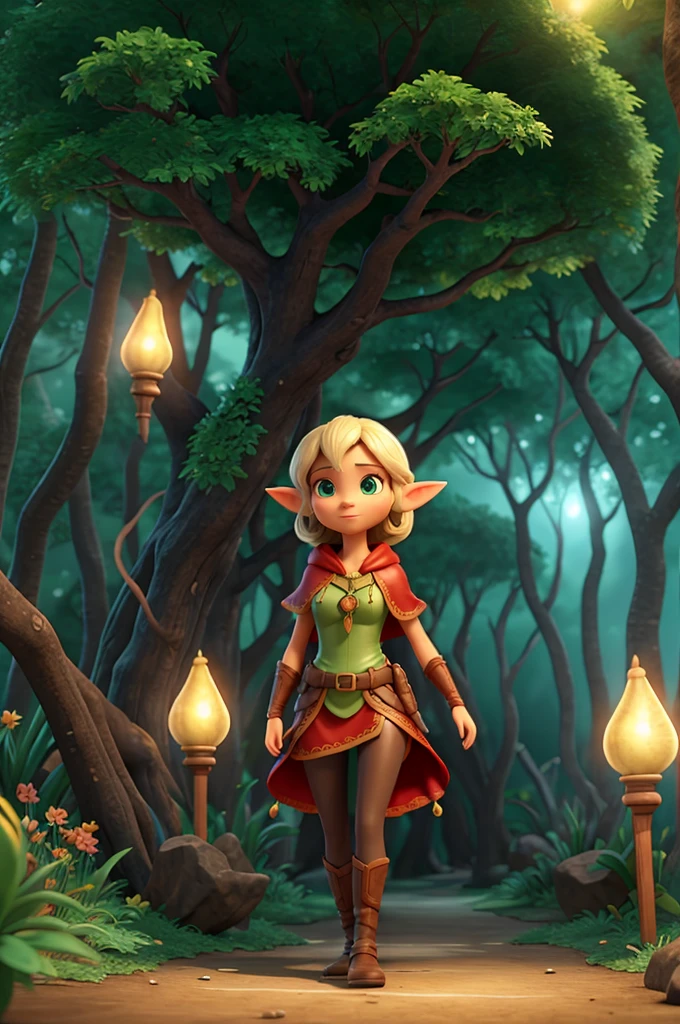 Uma garota, An experienced Elf Ranger embarks on a long journey of endurance, An elf wearing a leather tunic and a bright red silk hooded cloak,Segurando um cajado, Floresta Negra, Uma paisagem florestal ao fundo,beautiful trees, Fluxo e vaga-lumes, widescreen, Film lighting, Dramatic scene, high quality 3D rendering, fantasia, Estilo de design de personagens 3D da Pixar