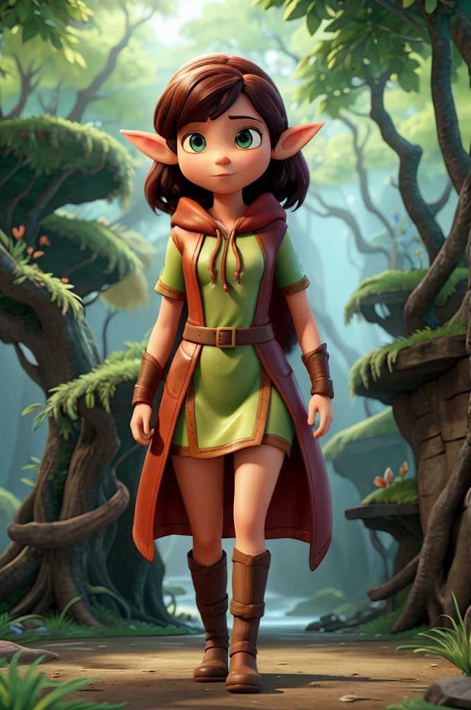 Uma garota, An experienced Elf Ranger embarks on a long journey of endurance, An elf wearing a leather tunic and a bright red silk hooded cloak,Segurando um cajado, Floresta Negra, Uma paisagem florestal ao fundo,beautiful trees, Fluxo e vaga-lumes, widescreen, Film lighting, Dramatic scene, high quality 3D rendering, fantasia, Estilo de design de personagens 3D da Pixar