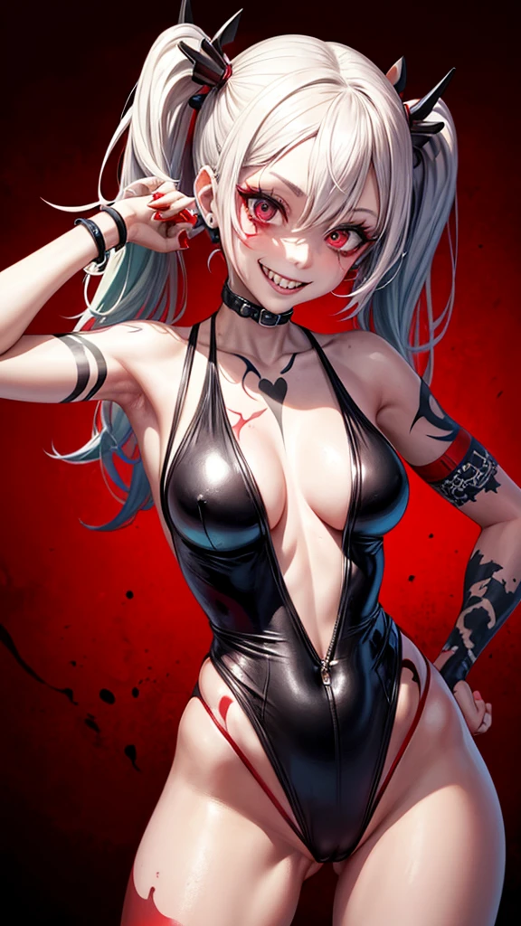 tattoo girl, very beautiful, murderous, Harley Quinn, crazed look, dark background, 8K, dynamic wallpaper, very delicate, very dense, creepy smile, close up to camera, dripping red one piece swimsuit, red beach background, hands on hips