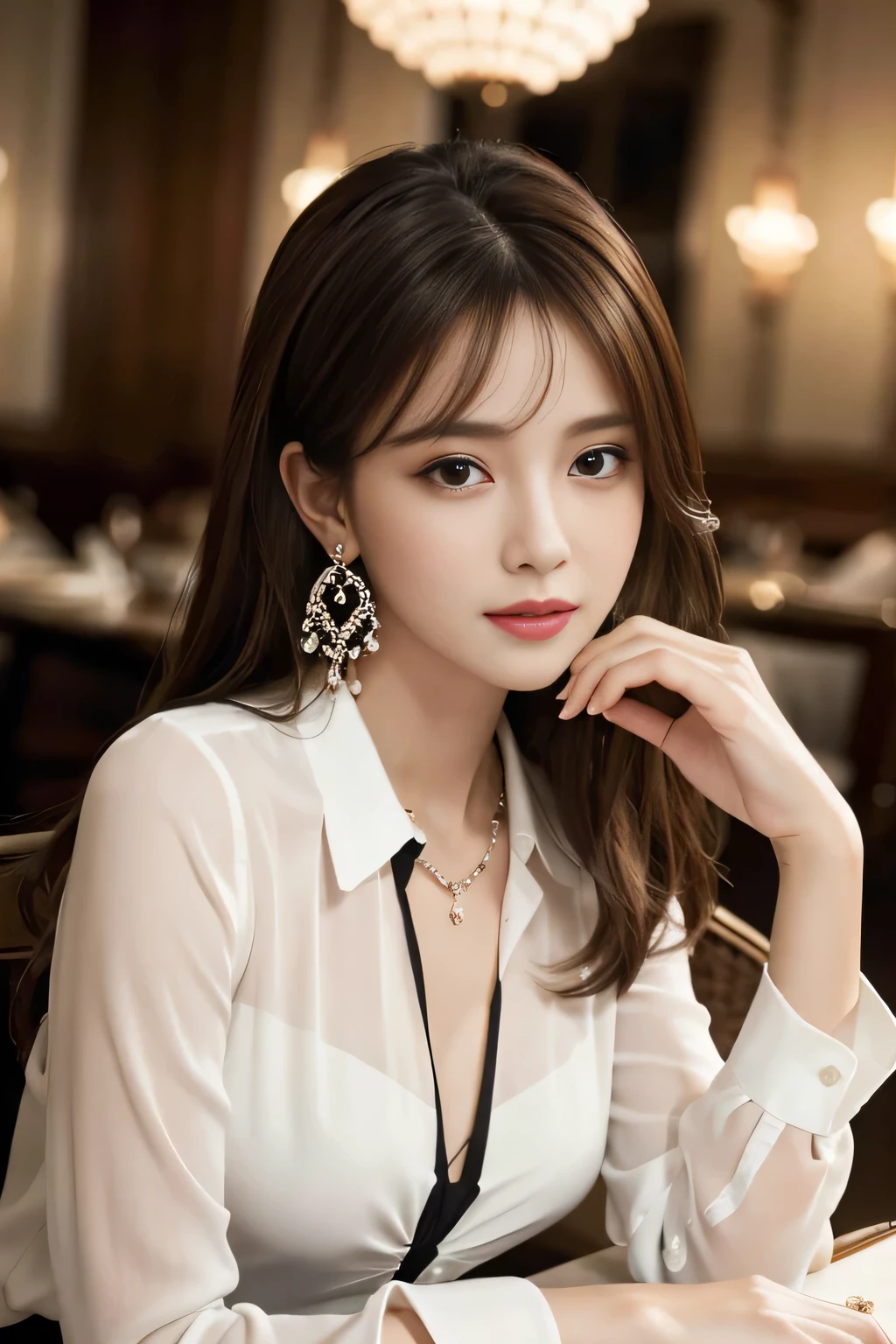 masterpiece, highest quality, Realistic, Very detailed, Finer details, High resolution, 8k wallpaper, One beautiful woman, Wear an elegant white see-through blouse, In a great restaurant, At night, Light brown messy hair, Perfect dynamic composition, Beautiful and beautiful eyes、Big earrings、Sitting in a chair、