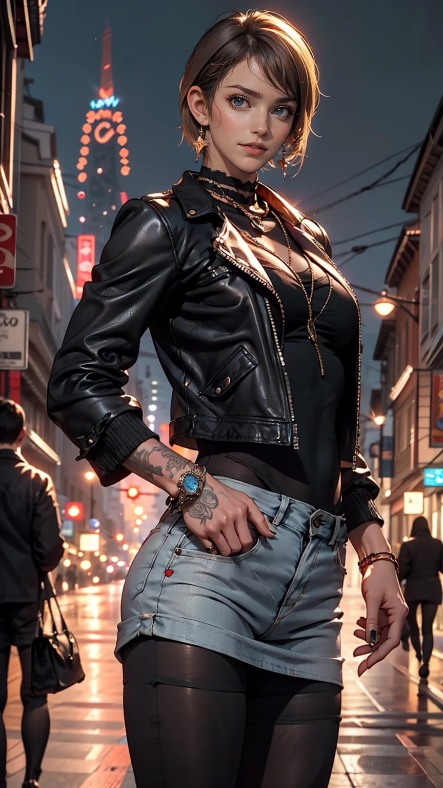 Beautiful 25 year old woman, Black Hair, Bobcut, blue eyes, unsightly muscular body, Small breasts, Messy Hair, Neck Tattoo, leather jacket, With San Francisco in the background, transformation, Evil Aura, night, Earrings, Fishnet tights, detailed, masterpiece, High resolution, (Perfect hands).