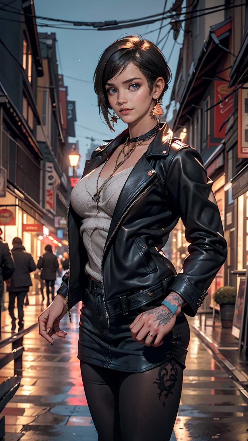 Beautiful 25 year old woman, Black Hair, Bobcut, blue eyes, unsightly muscular body, Small breasts, Messy Hair, Neck Tattoo, leather jacket, With San Francisco in the background, transformation, Evil Aura, night, Earrings, Fishnet tights, detailed, masterpiece, High resolution, (Perfect hands).
