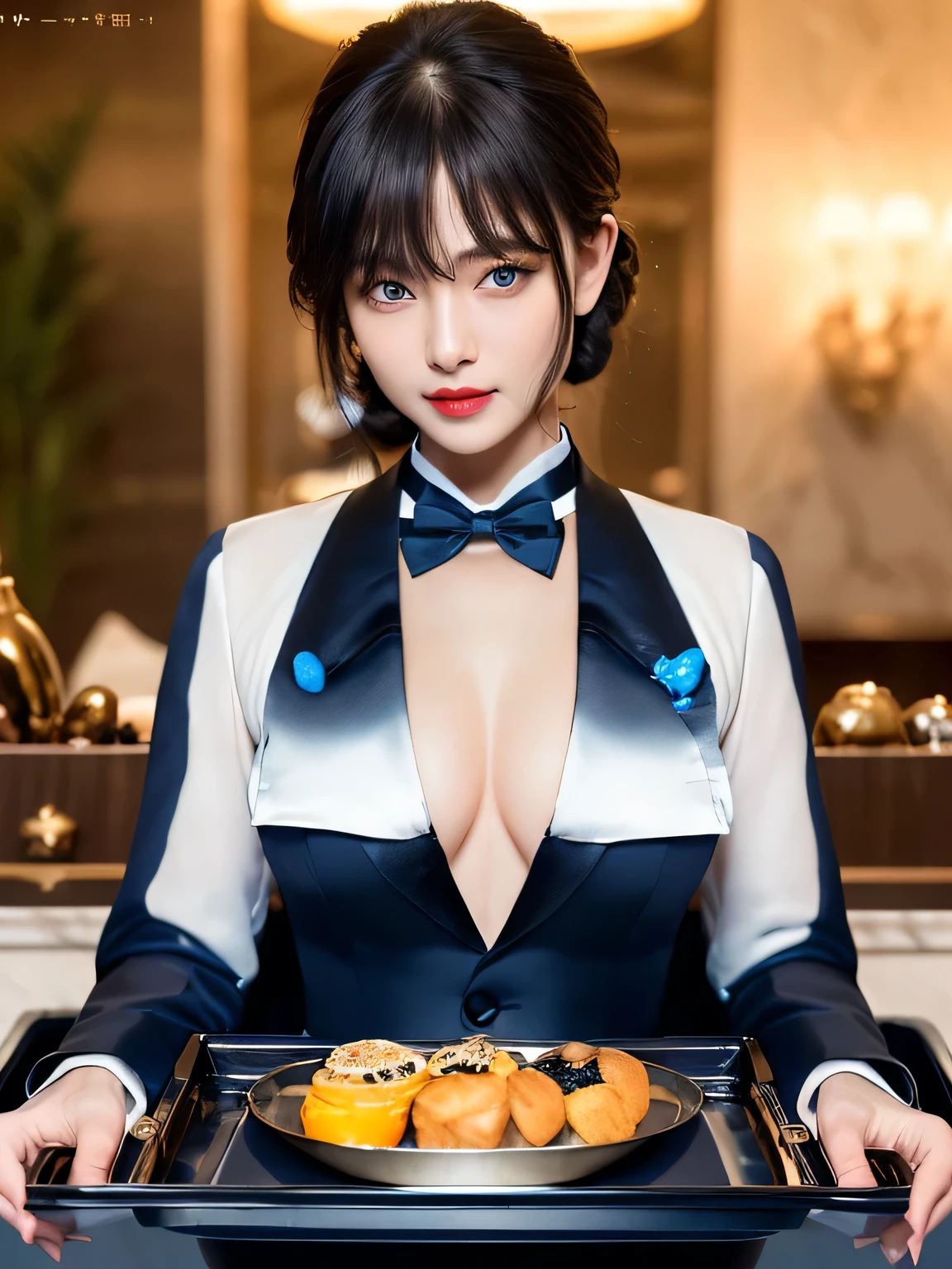 (highest quality, masterpiece:1.3, 超A high resolution), (Very detailed, Caustics), (Realistic:1.4, RAW shooting), Ultra-Realistic Capture, Very detailed,High resolution 16k, Human skin close-up, The skin texture is natural, It must be detailed enough to be easily identifiable, Skin should look healthy and have an even tone, Use natural light and color, ((Dark Blue Tuxedo:1.4)), ((the body is slim)), girl, Japanese, 18-year-old, cute, Straight Long Hair, Big Breasts, smile, Turn your body forward, (View from the front:1.1), Looking into the camera, focused on the chest, Light brown hair, ((Black choker)), Very long and bushy eyelashes, blue eyes, bangs、Luxury Hotel Lounge, Marble wall, sofa, ((Ornaments on a tray, luxurious counter:1.4)), Big Breasts, Red lips, The background is marble wall