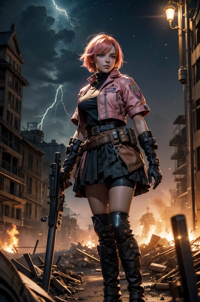  1girl,cowboy shot, beautiful nora_valkyrie, looking at viewer, smile, short hair, blue eyes, heart cutout, gloves,  jacket, pink skirt, pink belt, short sleeves, puffy sleeves, single armband, fingerless gloves, short hair, orange hair, pink gloves, dynamic pose, night, lightning, standing on old suspension bridge, river, post-apocalypse, dystopian future, crowd, (crowd in military uniforms), bonfires, (volumetric lighting), best quality, masterpiece, intricate details, tonemapping, sharp focus, hyper detailed, trending on Artstation,