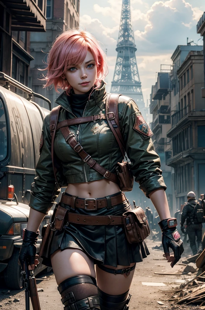 1girl,cowboy shot, beautiful nora_valkyrie, looking at viewer, smile, short hair, blue eyes, heart cutout, gloves, jacket, pink skirt, pink belt, short sleeves, puffy sleeves, single armband, fingerless gloves, short hair, orange hair, pink gloves, dynamic pose, night, lightning, standing on old suspension bridge, river, post-apocalypse, dystopian future, crowd, (crowd in military uniforms), bonfires, (volumetric lighting), best quality, masterpiece, intricate details, tonemapping, sharp focus, hyper detailed, trending on Artstation,