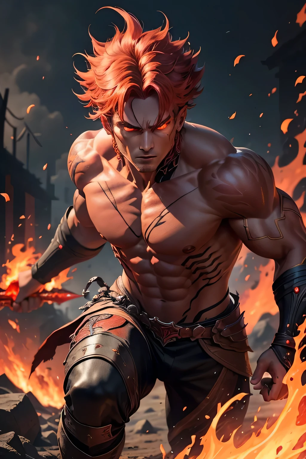 Amidst the crackling flames of a raging battlefield, a fiery Genasi warrior, with ::red skin the color of smoldering coals and hair ablaze like flickering flames, strides forward with determination, wielding blades of tempered steel. His eyes, aglow with the intensity of a blazing inferno, pierce through the chaos as he faces his greatest challenge yet. Describe the scene as this formidable Fire Genasi warrior, with his crimson complexion and fiery gaze, battles foes with unrivaled skill, harnessing the elemental fury within to emerge victorious amidst the searing heat of combat, he have a ::red skin