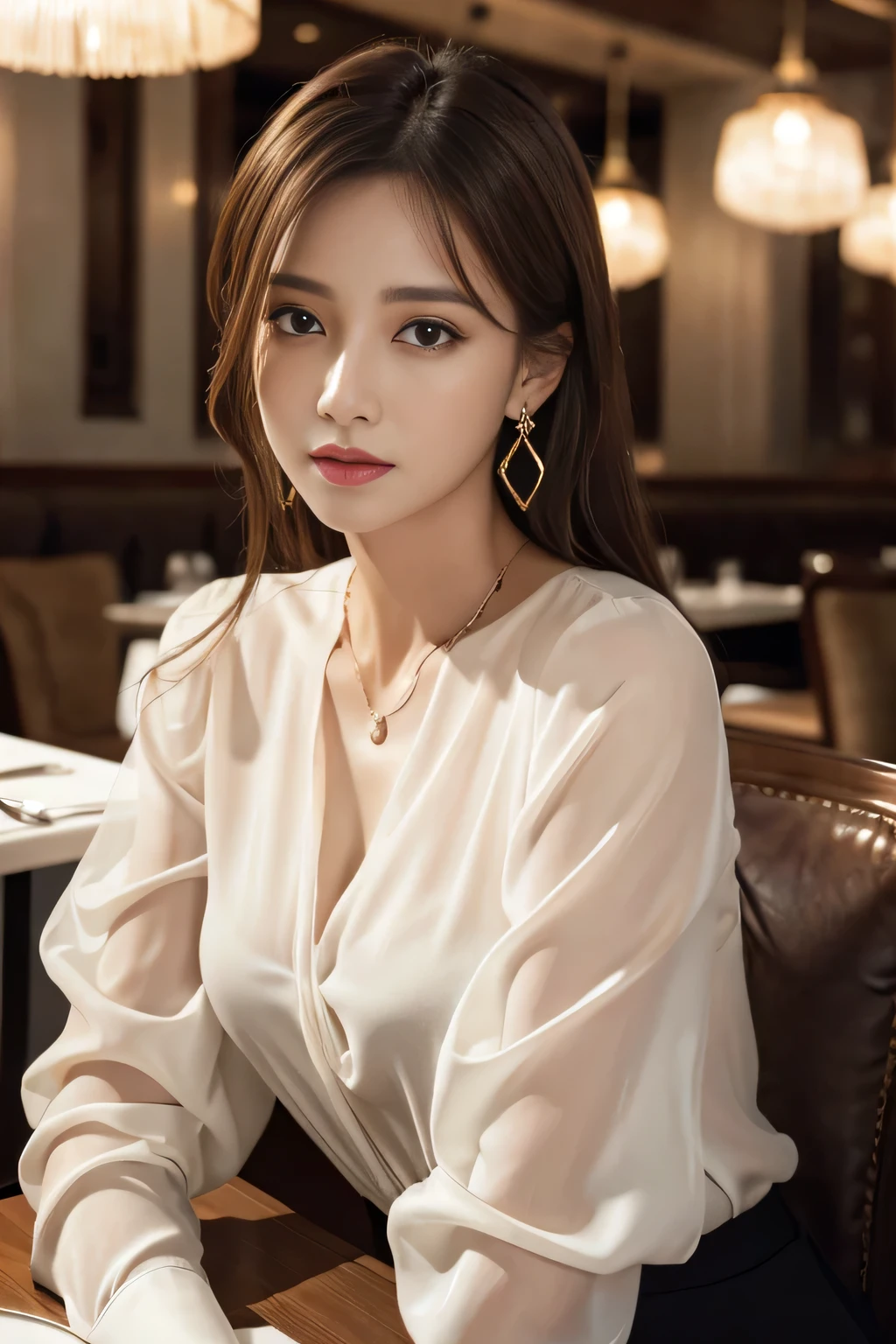 masterpiece, highest quality, Realistic, Very detailed, Finer details, High resolution, 8k wallpaper, One beautiful woman, Wear an elegant white see-through blouse, In a great restaurant, At night, Light brown messy hair, Perfect dynamic composition, Beautiful and beautiful eyes、Big earrings、Sitting in a chair、