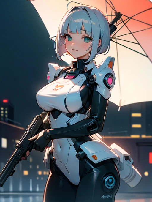 ((masterpiece)), ((best quality)), (ultra-detailed), ((kawaii)), cute, (lovely), ((sexy)), (ero), ((extremely detailed)), 4K, (8K), best quality, (beautiful), in the middle, city, town, night, a pretty woman, solo, robot suit, robot, beautiful silver hair, beautiful green eyes, ((beautiful eyes)), white-skinned, short hair,blunt bangs, large breast, holding a gun, smile,parted lips,standing