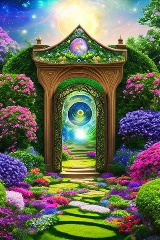 Beautiful garden, portal to another dimension, cosmic, planetary, psychedelic, defined stars, high resolution, 32k, masterpiece