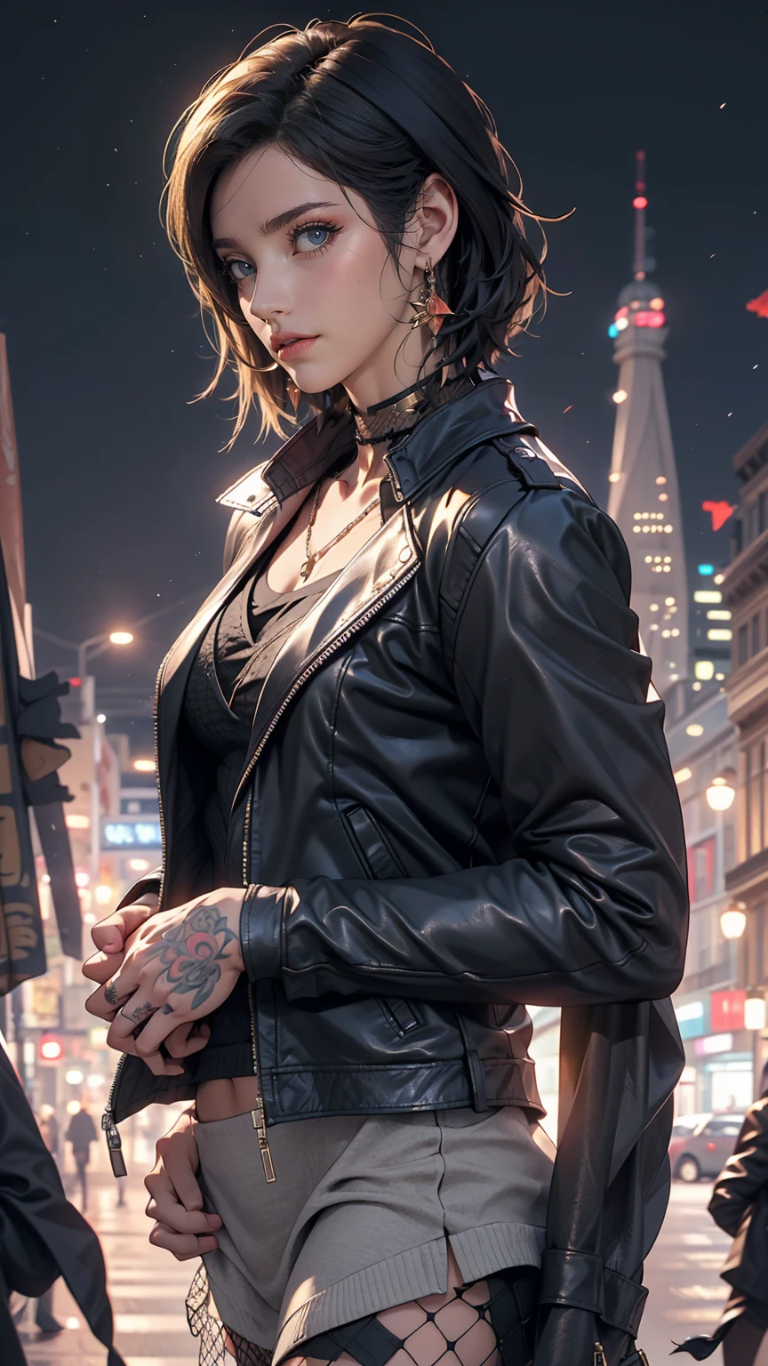 Beautiful 25 year old woman, Black Hair, Bobcut, blue eyes, unsightly muscular body, Small breasts, Messy Hair, Neck Tattoo, leather jacket, With San Francisco in the background, transformation, Evil Aura, night, Earrings, Fishnet tights, detailed, masterpiece, High resolution, (Perfect hands).