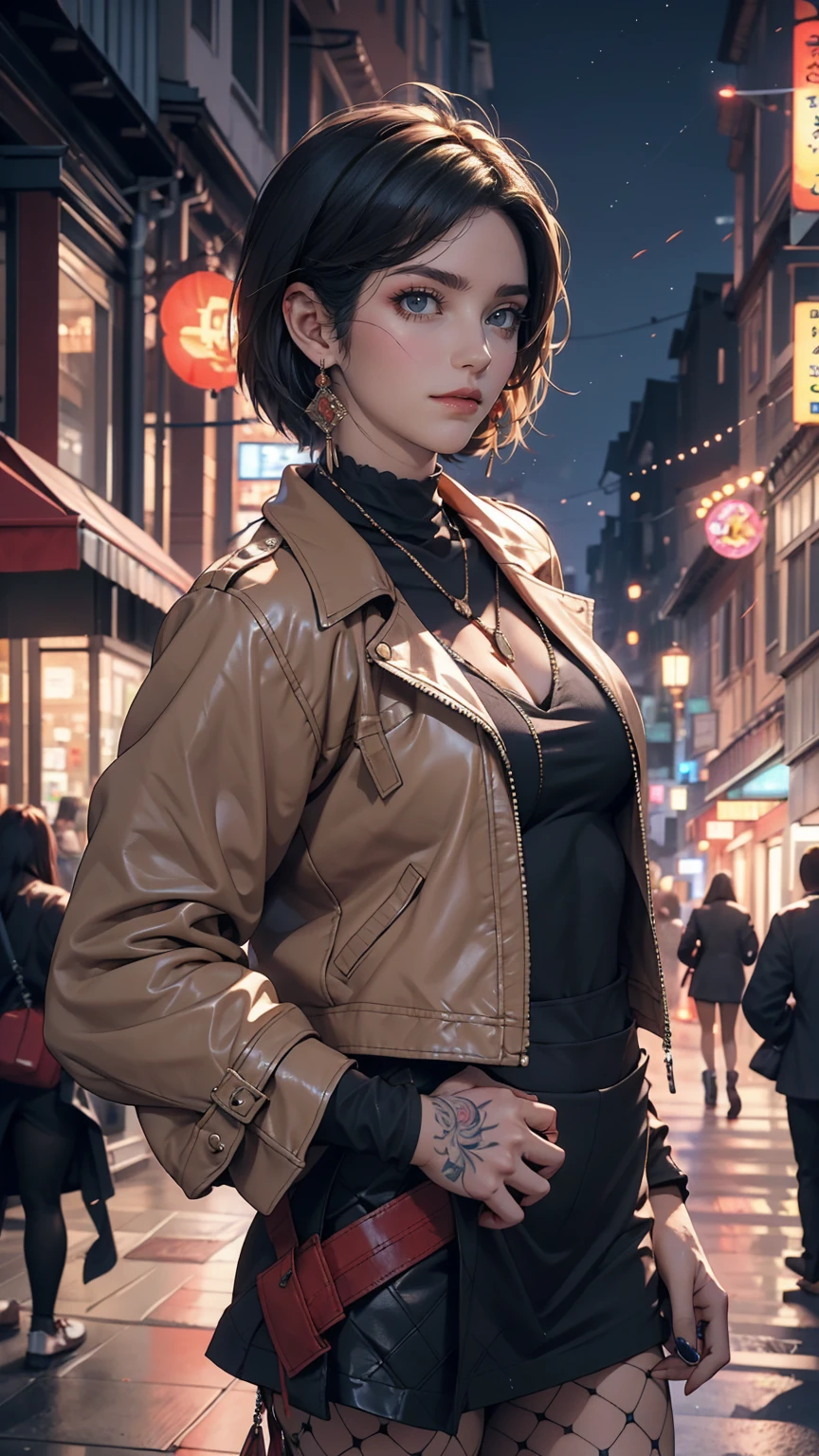 Beautiful 25 year old woman, Black Hair, Bobcut, blue eyes, unsightly muscular body, Small breasts, Messy Hair, Neck Tattoo, leather jacket, With San Francisco in the background, transformation, Evil Aura, night, Earrings, Fishnet tights, detailed, masterpiece, High resolution, (Perfect hands).