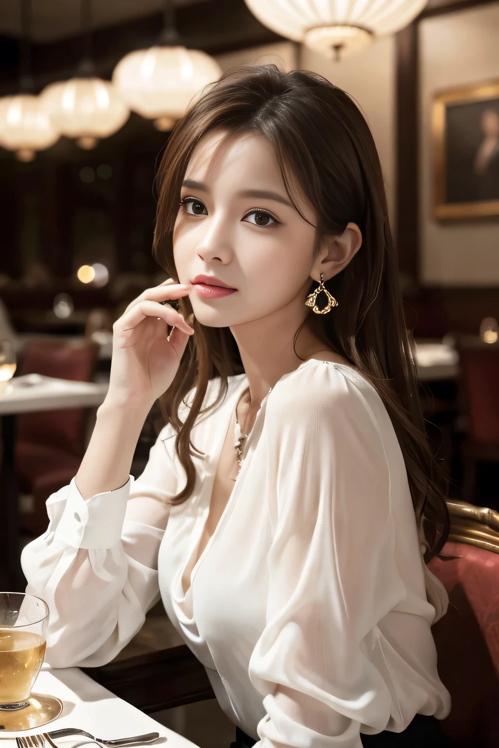 masterpiece, highest quality, Realistic, Very detailed, Finer details, High resolution, 8k wallpaper, One beautiful woman, Wear an elegant white see-through blouse, In a great restaurant, At night, Light brown messy hair, Perfect dynamic composition, Beautiful and beautiful eyes、Big earrings、Sitting in a chair、