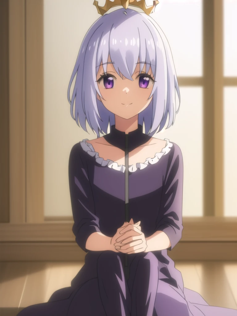 ((Best quality))), ((Ultra-detailed)), ((illustration)), ((Disheveled hair)), ((frilld)), (1 girl), (Solo), 1girl,bangs,blunt_bangs,blurry,blurry_foreground,bow,crown,depth_of_field,dress,indoors,jewelry,short_hair,photo_(medium),pov,sitting,smile,solo_focus,tiara,rating:safe,Princess_dress,purple_eyes, silver_hair