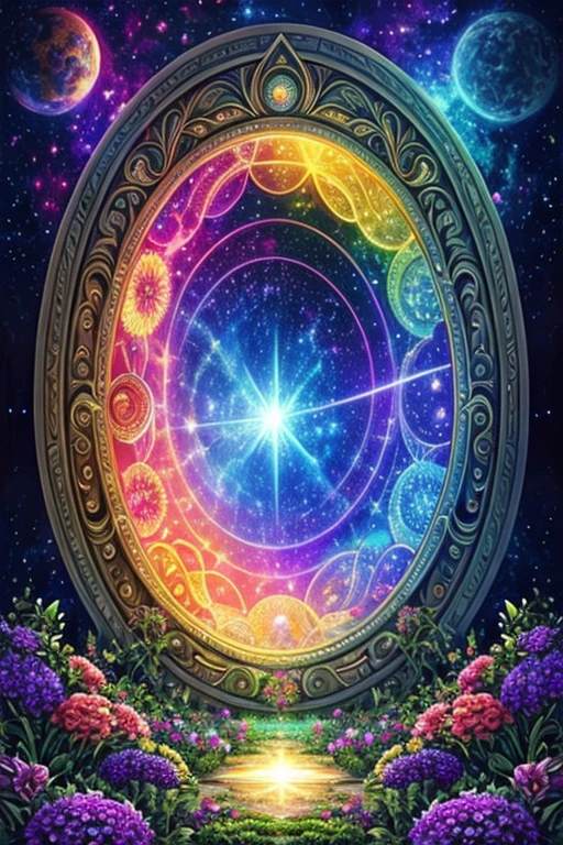 Beautiful garden, portal to another dimension, cosmic, planetary, psychedelic, defined stars, high resolution, 32k, masterpiece