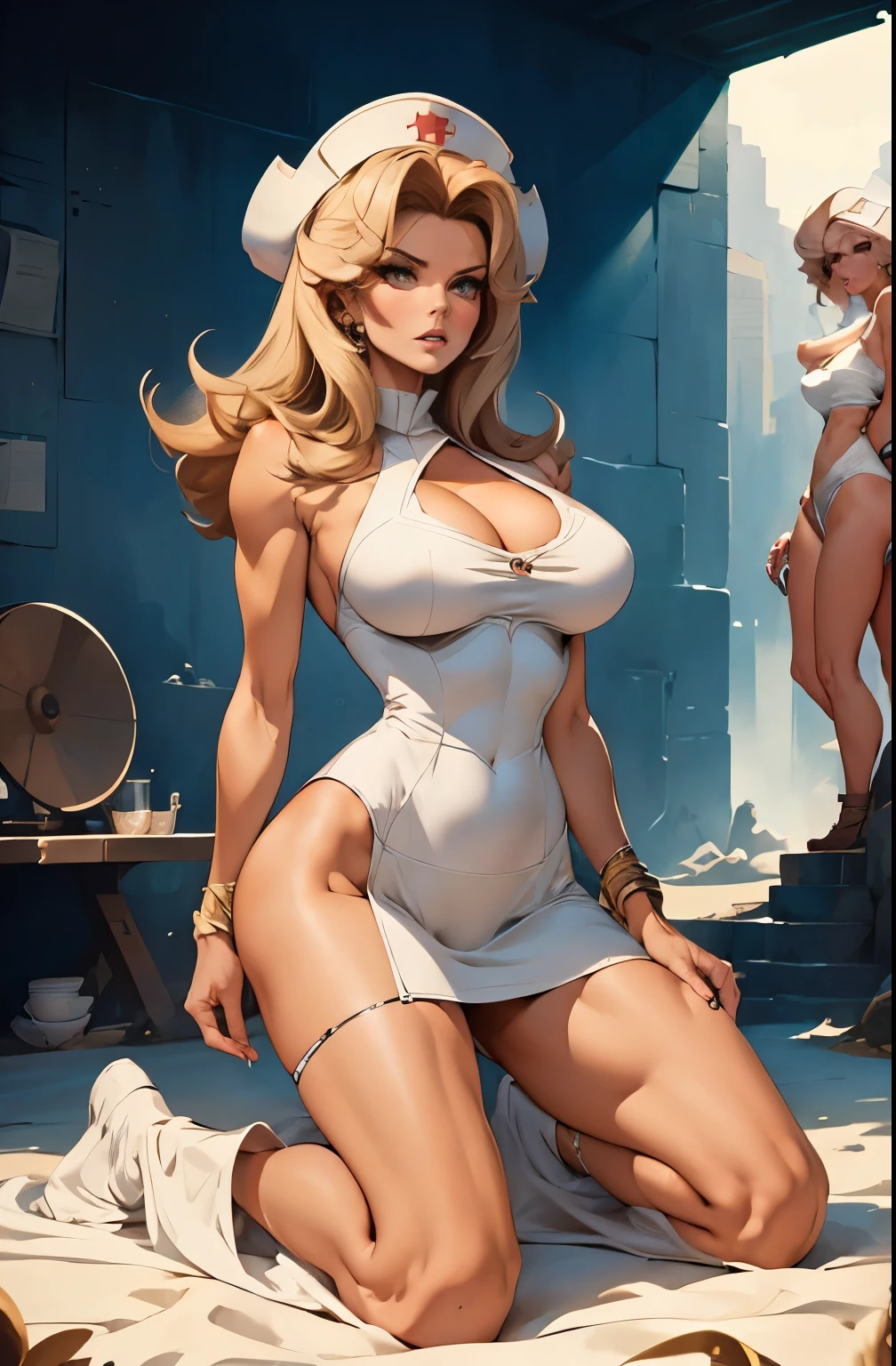 a drawing of a female nurse, kneeling, (pink skintone:0.9), looking up, eye contact, (mouth wide open:1.0), muscular body, feminine, huge round breasts, low-cut white dress, (blonde hair:1.0), veins, beautiful face, full lips, slim face, high cheekbones, muscular, in the art style of mohrbacher, in style of peter mohrbacher, thin body, lean body