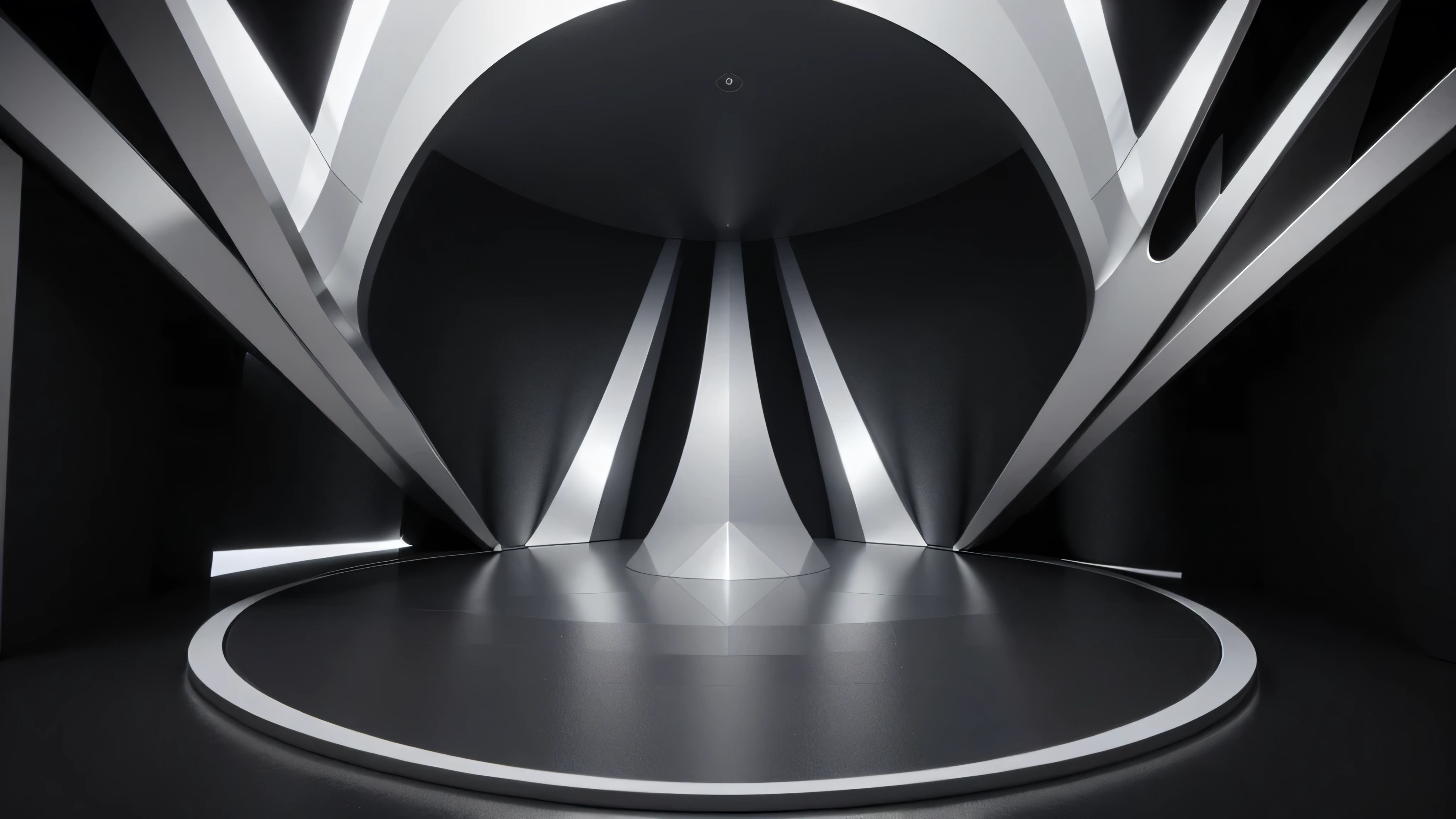 a 3d background of 3d abstract shapes in simetrical shapes from the center of the image, one podium in the center, with bright silver color in high definition
