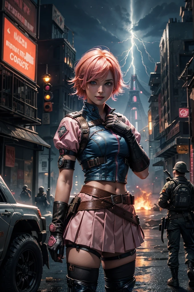 1girl,cowboy shot, beautiful nora_valkyrie, looking at viewer, smile, short hair, blue eyes, heart cutout, gloves, jacket, pink skirt, pink belt, short sleeves, puffy sleeves, single armband, fingerless gloves, short hair, orange hair, pink gloves, dynamic pose, night, lightning, standing on old suspension bridge, river, post-apocalypse, dystopian future, crowd, (crowd in military uniforms), bonfires, (volumetric lighting), best quality, masterpiece, intricate details, tonemapping, sharp focus, hyper detailed, trending on Artstation,