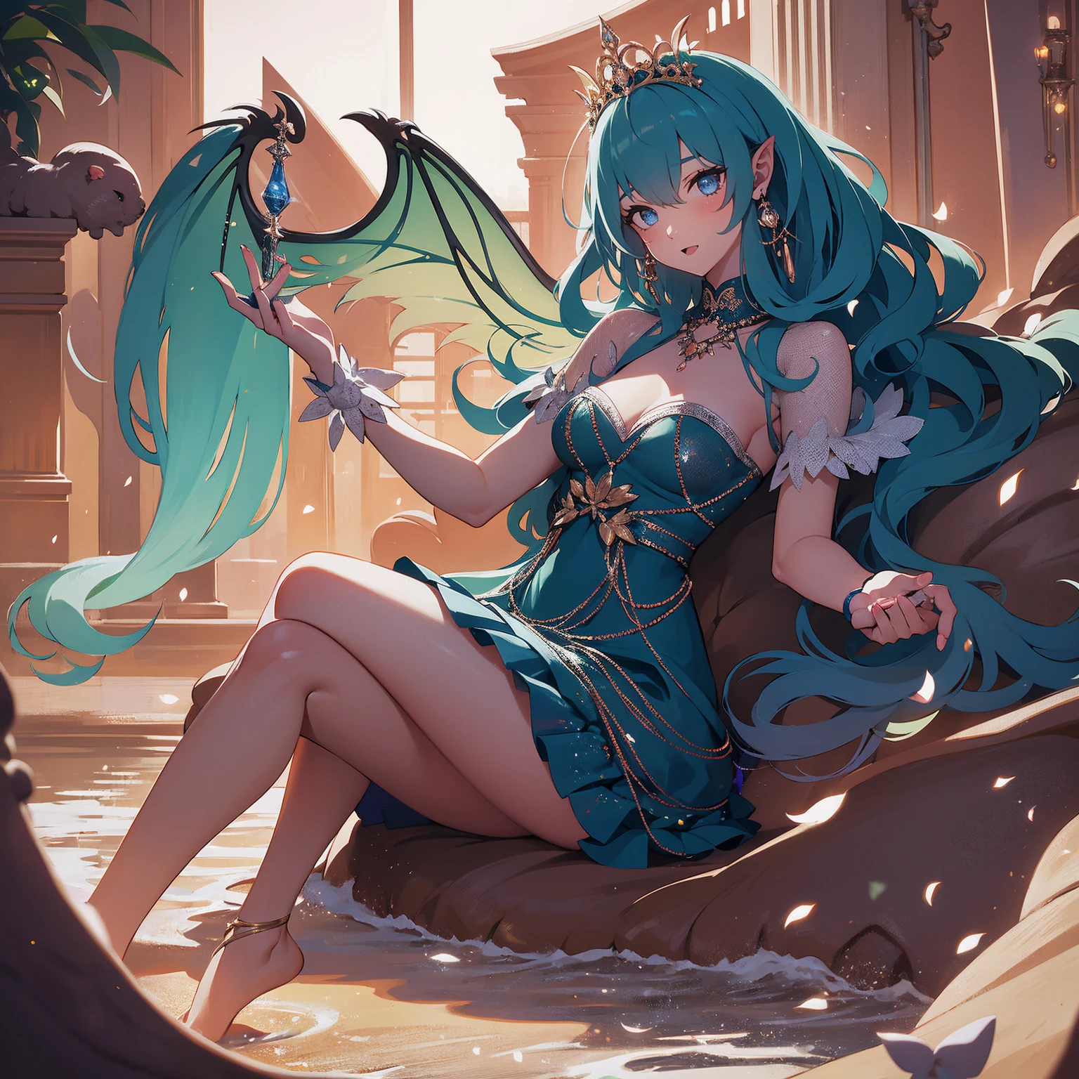 (Absurd, high quality, ultra -compared, careful with the hand) fairy, fairy wings, dreamer body, vivid, romantic and all. Optimistic face, just lies, without entry and intellectual. Green dress. Reckless style, sweet and passion, Gray eyes, cute (eyes of the eyes), enchanted fairy (pixie) . long hair, magenta hair. In the carnival row illustration, flying, dancing lithgly, Whole body, sitting on the water, on nature, backwards, looking back