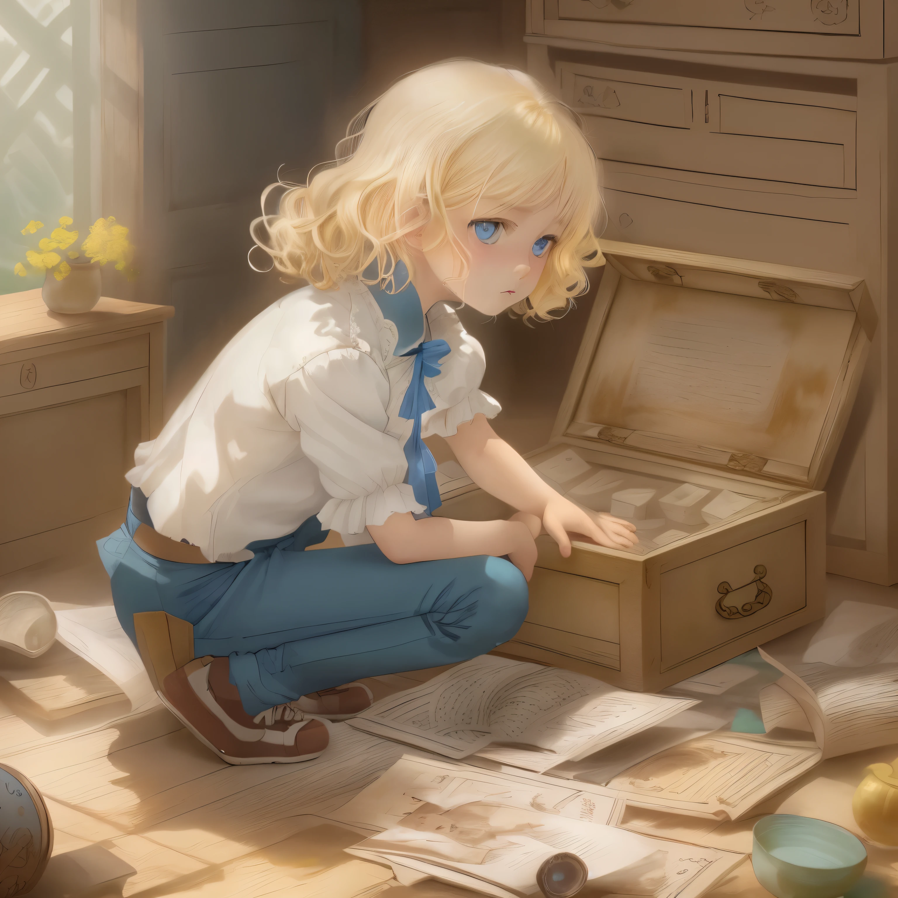 A photo of Zdenka Hoa, ten year old girl, white, with blonde hair, short hair, hair with beautiful curls, beautiful blue eyes, white blouse, brown pants, brown sneakers, full body, seen from the side, crouched, looking for something in a antique chest, looking inside open chest, children's book illustration style. anime art – seed 594750782