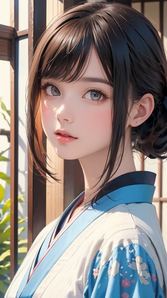 (highest quality、8k、32k、masterpiece)、(masterpiece,up to date,Exceptional:1.2), anime,One girl,Front hair,black_hair, Beautiful 8k eyes,Looking_in_Audience,One person in,Are standing,((Very beautiful woman, Fuller lips, Japanese pintern kimono))、((Colorful Japanese kimono)))、(((cowboy Shot)))、Blunt bung、(High resolution)、Very beautiful face and eyes、1 girl 、Round and small face、Narrow waist、delicine body、(highest quality high detail Rich skin details)、(highest quality、8k、Oil paints:1.2)、Very detailed、(Realistic、Realistic:1.37)、Bright colors、(((blackhair)))、(((Blunt bung，pony tail)))、(((cowboy pictures)))、((( Inside an old Japanese house with a (short focus lens:1.4),)))、(masterpiece, highest quality, highest quality, Official Art, beautifully、aesthetic:1.2), (One girl), Very detailedな,(Fractal Art:1.3),colorful,Most detailed,Sengoku period(High resolution)、Very beautiful face and eyes、1 girl 、Round and small face、Tight waist、Delicine body、(highest quality high detail Rich skin details)、(highest quality、8k、Oil paints:1.2)、(Realistic、Realistic:1.37)、Greg Rutkowski Written by Alphonse Mucha Ropp,short ,uchikake,nishijin ori,(realistic light and shadow), (real and delicate background),(muted colors, dim colors, soothing tones:1.3), low saturation, (hyperdetailed:1.2), (noir:0.4),drow,blurry_light_background, (vibrant color:1.2), cinematic lighting, ambient lighting,Single Shot,Shallow Focus,pink lip,blurry light background,
