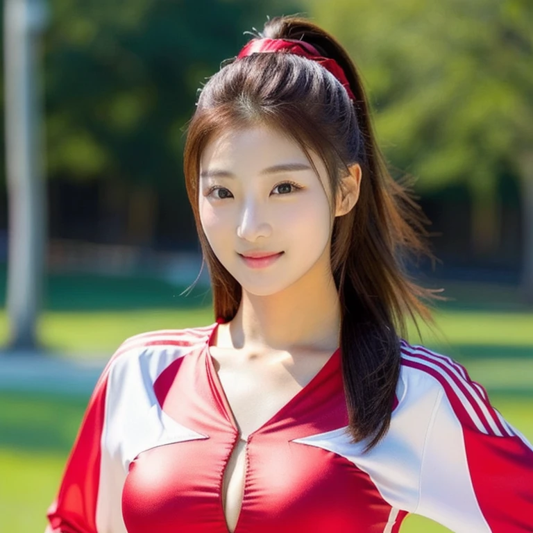 Close-up of woman in red soccer jersey. expensive silk, Posing for pictures, beautiful south korean womanผู้หญิงที่เป็นผู้ใหญ่, gigantic bust,  | RTM germs, big breasts, Chest size 36 inches, beautiful south  ponytail,) long, Flowing hair, korean woman, gorgeous young korean woman, ponytail, beautiful young korean woman, Hot with bright sunlight