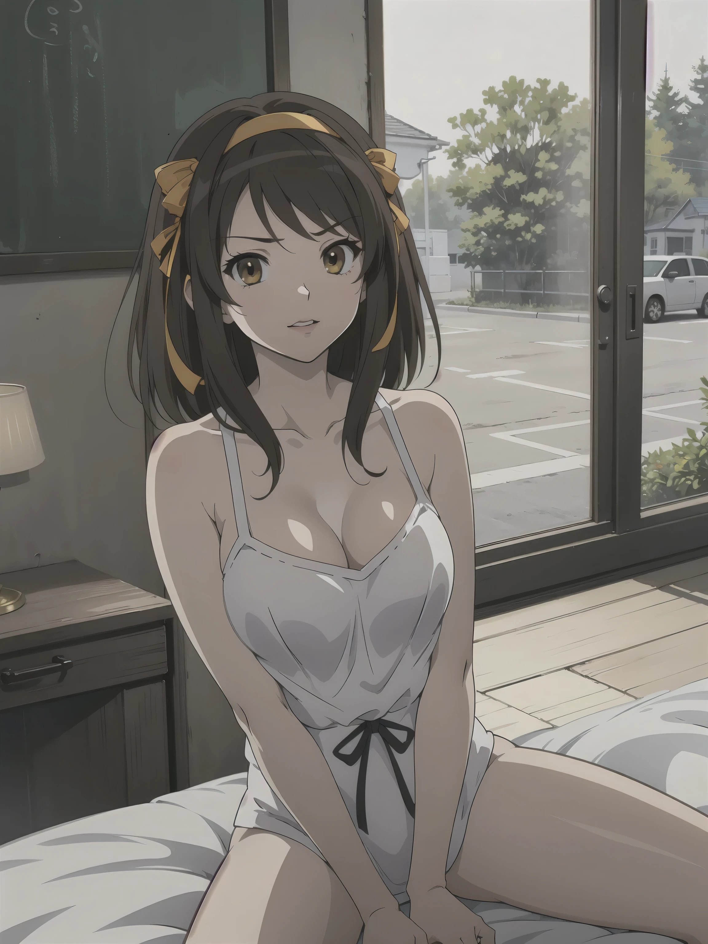 (A superb exquisite haruhi suzumiya), (haruhi suzumiya:1.5), brown eyes, brown hair, natural straight hair, hairband, ribbon, straight bangs, solo, nature, extremely delicate, straight facial features, peerless beautiful girl, soft, (sensual face), (( face)), dreamy quality, exaggerated facial features, solid color, frank holly, delicate face, bright lips, slender waist, soft curves, real light and shadow, super fine, 4k, natural moving, Ultra high resolution, (masterpiece:1.2, best quality), (finely detailed beautiful eyes: 1.2), (beautiful detailed face), sexy e modsexy pose, (ge chest), (Perfect Body Proportions), (bedroom), Mekosuji, Spread your legs a little and show off your crotch,